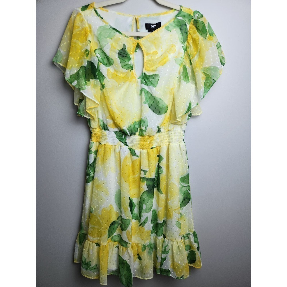 DKNY Chiffon Swiss dot dress flutter sleeve smocked waist Keyhole neck sz 8 boho